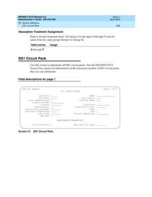 Page 623DEFINITY ECS Release 8.2
Administrator’s Guide  555-233-506  Issue 1
April 2000
Screen reference 
599 DS1 Circuit Pack 
17
Absorption Treatment Assignment
Enter a desired treatment letter. All choices for the digits 0 through 9 must be 
taken from the same group (Group I or Group II).
DS1 Circuit Pack 
Use this screen to administer all DS1 circuit packs. See the DEFINITY ECS 
System Description for information on the maximum number of DS1 circuit packs 
that you can administer.
Field descriptions for...