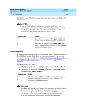 Page 632DEFINITY ECS Release 8.2
Administrator’s Guide  555-233-506  Issue 1
April 2000
Screen reference 
608 DS1 Circuit Pack 
17
The default value of the field changes depending upon which value the Interface 
field contains. 
!CAUTION:
It is critical that administration on this switch correctly pairs with the 
administration of the far-end switch. If the far-end is administered as the b 
side, this field should be set to a regardless of whether the layer 2 
designation is peer-master or peer-slave, and vice...