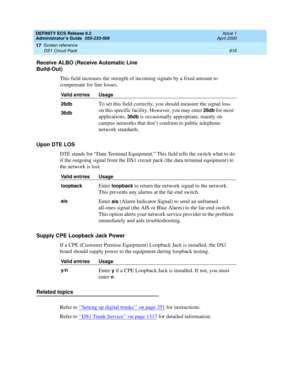 Page 640DEFINITY ECS Release 8.2
Administrator’s Guide  555-233-506  Issue 1
April 2000
Screen reference 
616 DS1 Circuit Pack 
17
Receive ALBO (Receive Automatic Line 
Build-Out) 
This field increases the strength of incoming signals by a fixed amount to 
compensate for line losses. 
Upon DTE LOS
DTE stands for “Data Terminal Equipment.” This field tells the switch what to do 
if the outgoing signal from the DS1 circuit pack (the data terminal equipment) to 
the network is lost.
Supply CPE Loopback Jack Power...