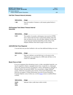 Page 658DEFINITY ECS Release 8.2
Administrator’s Guide  555-233-506  Issue 1
April 2000
Screen reference 
634 Feature-Related System Parameters 
17
Call Park Timeout Interval (minutes)
Off-Premises Tone Detect Timeout Interval 
(seconds)
AAR/ARS Dial Tone Required
A second dial tone provides feedback to the user that additional dialing can occur.
Music/Tone on Hold
If you use equipment that rebroadcasts music or other copyrighted materials, you 
may be required to obtain a copyright license from, or pay fees to,...