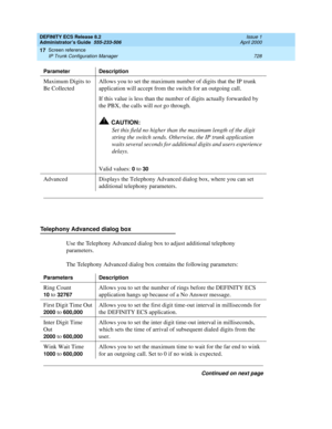 Page 752DEFINITY ECS Release 8.2
Administrator’s Guide  555-233-506  Issue 1
April 2000
Screen reference 
728 IP Trunk Configuration Manager 
17
Telephony Advanced dialog box
Use the Telephony Advanced dialog box to adjust additional telephony 
parameters. 
The Telephony Advanced dialog box contains the following parameters: Maximum Digits to 
Be CollectedAllows you to set the maximum number of digits that the IP trunk 
application will accept from the switch for an outgoing call.
If this value is less than the...