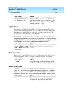 Page 833DEFINITY ECS Release 8.2
Administrator’s Guide  555-233-506  Issue 1
April 2000
Screen reference 
809 Login Administration 
17
Expiration Date
Expiration of the login ID occurs at 23:59:59 of the entered date. This field 
consists of three fields separated by forward slashes (for example, 01/01/1999). 
Expiration of a login ID does not remove the login ID from the system. The 
system accepts administration of year 2000 dates. 
If an login ID requiring ASG authentication has expired, the login ID for the...