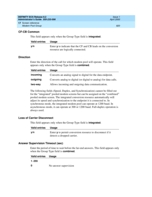 Page 844DEFINITY ECS Release 8.2
Administrator’s Guide  555-233-506  Issue 1
April 2000
Screen reference 
820 Modem Pool Group 
17
CF-CB Common
This field appears only when the Group Type field is 
integrated.
Direction
Enter the direction of the call for which modem pool will operate. This field 
appears only when the Group Type field is 
combined.
The following fields (Speed, Duplex, and Synchronization) cannot be filled out 
for the “integrated” pooled modem screens but can be assigned on the “combined”...