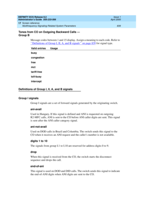 Page 863DEFINITY ECS Release 8.2
Administrator’s Guide  555-233-506  Issue 1
April 2000
Screen reference 
839 Multifrequency-Signaling-Related System Parameters 
17
Tones from CO on Outgoing Backward Calls — 
Group B
Message codes between 1 and 15 display. Assign a meaning to each code. Refer to 
‘‘
Definitions of Group I, II, A, and B signals’’ on page 839 for signal type.
Definitions of Group I, II, A, and B signals
Group I signals
Group I signals are a set of forward signals generated by the originating...