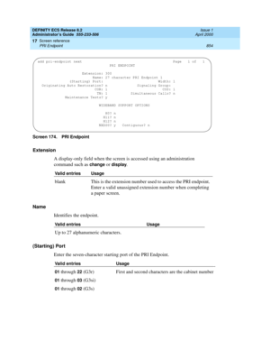 Page 878DEFINITY ECS Release 8.2
Administrator’s Guide  555-233-506  Issue 1
April 2000
Screen reference 
854 PRI Endpoint 
17
Screen 174. PRI Endpoint 
Extension
A display-only field when the screen is accessed using an administration 
command such as 
change or display.
Name
Identifies the endpoint.
(Starting) Port
Enter the seven-character starting port of the PRI Endpoint.
Valid entries Usage
blank This is the extension number used to access the PRI endpoint. 
Enter a valid unassigned extension number when...