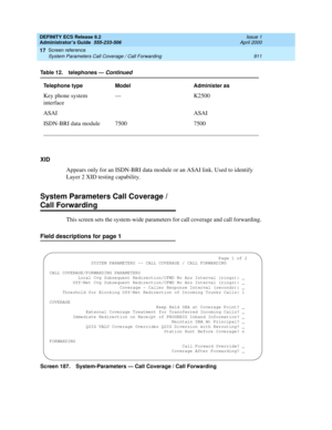 Page 935DEFINITY ECS Release 8.2
Administrator’s Guide  555-233-506  Issue 1
April 2000
Screen reference 
911 System Parameters Call Coverage / Call Forwarding 
17
XID
Appears only for an ISDN-BRI data module or an ASAI link. Used to identify 
Layer 2 XID testing capability.
System Parameters Call Coverage / 
Call Forwarding
This screen sets the system-wide parameters for call coverage and call forwarding.
Field descriptions for page 1
Screen 187. System-Parameters — Call Coverage / Call Forwarding 
Key phone...