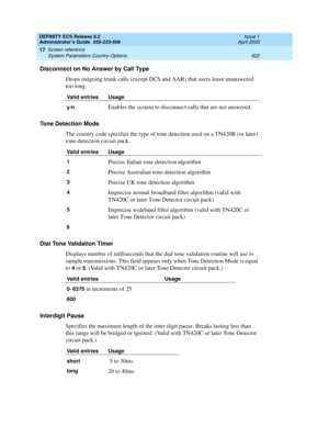 Page 946DEFINITY ECS Release 8.2
Administrator’s Guide  555-233-506  Issue 1
April 2000
Screen reference 
922 System Parameters Country-Options 
17
Disconnect on No Answer by Call Type
Drops outgoing trunk calls (except DCS and AAR) that users leave unanswered 
too long.
Tone Detection Mode 
The country code specifies the type of tone detection used on a TN420B (or later) 
tone-detection circuit pack.
Dial Tone Validation Timer
Displays number of milliseconds that the dial tone validation routine will use to...