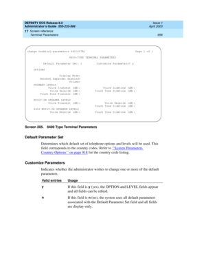 Page 980DEFINITY ECS Release 8.2
Administrator’s Guide  555-233-506  Issue 1
April 2000
Screen reference 
956 Terminal Parameters 
17
Screen 205. 6400 Type Terminal Parameters 
Default Parameter Set
Determines which default set of telephone options and levels will be used. This 
field corresponds to the country codes. Refer to ‘‘
System Parameters 
Country-Options’’ on page 918 for the country code listing.
Customize Parameters
Indicates whether the administrator wishes to change one or more of the default...