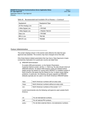 Page 339DEFINITY® Enterprise Communications Server Application Notes 
for Type Approval    Issue 1
June 1999
Application Notes for Type Approval 
331 Panama 
Feature Administration
The sc reen d isp lays shown in this sec tion were effec tive the d ate the typ e 
ap p roval was award ed . The sc reens may have c hang ed  sinc e that d ate.
Only those feature-related  p arameters that may have a Typ e Ap p roval or b asic  
c onnec tivity imp lic ation for a p artic ular c ountry are listed  here.
nARS/AAR Ad...