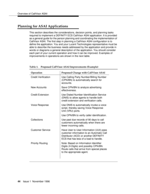 Page 50Overview of CallVisor ASAI
44Issue 1  November 1996 
Planning for ASAI Applications
This section describes the considerations, decision points, and planning tasks 
required to implement a DEFINITY ECS CallVisor ASAI application. It is provided 
as a general guide for the person planning and coordinating the implementation of 
CallVisor ASAI. The first step in planning a CallVisor ASAI configuration is to 
define the application. You and your Lucent Technologies representative must be 
able to describe...