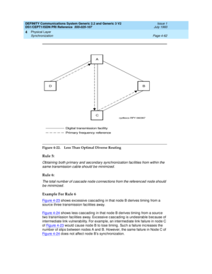 Page 106DEFINITY Communications System Generic 2.2 and Generic 3 V2 
DS1/CEPT1/ISDN PRI Reference  
555-025-107  Issue 1
July 1993
Physical Layer 
Page 4-62 Synchronization 
4
Figure 4-22. Less Than Optimal Diverse Routing
Rule 5:
Ob taining  b oth p rimary and  sec ond ary sync hronization fac ilities from within the 
same transmission c ab le should  b e minimized .
Rule 6:
The total numb er of c asc ad e nod e c onnec tions from the referenc ed  nod e should  
be minimized.
Example For Rule 6
Fig ure 4-23...