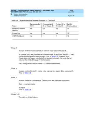 Page 264DEFINITY Communications System Generic 2.2 and Generic 3 V2 
DS1/CEPT1/ISDN PRI Reference  
555-025-107  Issue 1
July 1993
System Administration 
Page 6-90 G2.2 Administration 
6
Field 2
Assig ns whether the servic e/feature is b inary (1
) or p arameterized  (0
).
All c od eset NSFs are c lassified  as binary servic es. As an op tion, field s 5-11 may 
c ontain ad d itional defining  parameters (refer to Ta b l e  6 - 8
). However, even 
thoug h a servic e/feature may b e d efined  as p arameterized ,...