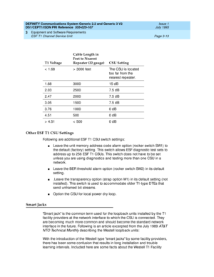 Page 42DEFINITY Communications System Generic 2.2 and Generic 3 V2 
DS1/CEPT1/ISDN PRI Reference  
555-025-107  Issue 1
July 1993
Equipment and Software Requirements 
Page 3-13 ESF T1 Channel Service Unit 
3
Other ESF T1 CSU Settings
Following  are add itional ESF T1 CSU switc h setting s:
nLeave the unit memory add ress c od e alarm op tion (roc ker switc h SW1) to 
the d efault (fac tory) setting . This switc h allows ESF d iag nostic  test sets to 
ad dress up  to 256 ESF T1 CSUs. This switc h d oes not have...