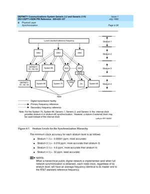 Page 83DEFINITY Communications System Generic 2.2 and Generic 3 V2 
DS1/CEPT1/ISDN PRI Reference  
555-025-107  Issue 1
July 1993
Physical Layer 
Page 4-39 Synchronization 
4
Figure 4-7. Stratum Levels for the Synchronization Hierarchy
The minimum c loc k ac c urac y for eac h stratum level is as follows:
nStratum 1 (\(+ - 0.00001 pp m, most ac c urate)
nStratum 2 (\(+ - 0.016 p p m, more ac c urate than stratum 3)
nStratum 3 (\(+ - 4.6 p p m, more ac c urate than stratum 4)
nStratum 4 (\(+ - 32 ppm, least acc...