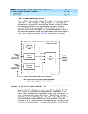 Page 85DEFINITY Communications System Generic 2.2 and Generic 3 V2 
DS1/CEPT1/ISDN PRI Reference  
555-025-107  Issue 1
July 1993
Physical Layer 
Page 4-41 Synchronization 
4
TN463 Synchronization Architecture
When the TN463 c irc uit b oard  is installed , Generic  2.2 c ommunic ations systems 
c an func tion as either timing  slaves or timing  masters. As a slave, the switc h 
rec eives d ig ital d ata from one or two DS1s. One interfac e sup p lies the p rimary 
sync hronization referenc e and the other...