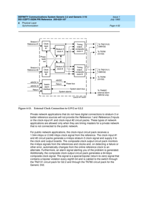 Page 96DEFINITY Communications System Generic 2.2 and Generic 3 V2 
DS1/CEPT1/ISDN PRI Reference  
555-025-107  Issue 1
July 1993
Physical Layer 
Page 4-52 Synchronization 
4
Figure 4-13. External Clock Connection to G3V2 or G2.2
Private network ap p lic ations that d o not have d ig ital c onnec tions to stratum-3 or 
b etter referenc e sourc es will not p rovid e the 
Re f e re n c e  1 and  Refe ren c e 2 inp uts 
or the c loc k-inp ut #1 and  c loc k-inp ut #2 c irc uit p ac ks. These typ es of network 
ap...