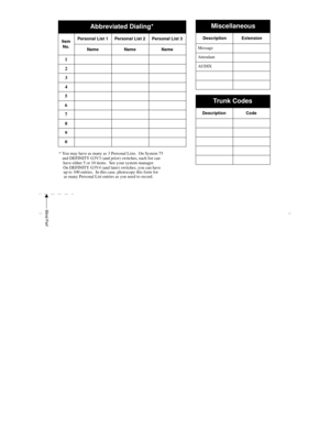 Page 59Blind Perf
Abbreviated Dialing*
Item
No.Personal List 1 Personal List 2 Personal List 3
Name Name Name
1
2
3
4
5
6
7
8
9
0
Miscellaneous
Description Extension
Message
Attendant
AUDIX
Trunk Codes
Description Code
* You may have as many as 3 Personal Lists.  On System 75
and DEFINITY G3V3 (and prior) switches, each list can
have either 5 or 10 items.  See your system manager.
On DEFINITY G3V4 (and later) switches, you can have
up to 100 entries.  In this case, photocopy this form for
as many Personal List...