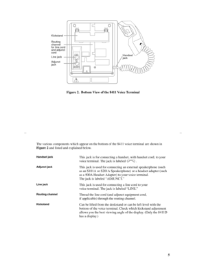 Page 85
Figure 2.  Bottom View of the 8411 Voice Terminal
!
Routing
channel
Line jack
Adjunct
jackHandset
jack for line cord
and adjunct
cord
ADJUNCT
LINE
Kickstand
The various components which appear on the bottom of the 8411 voice terminal are shown in 
Figure 2 and listed and explained below.
Handset jack This jack is for connecting a handset, with handset cord, to your 
voice terminal. The jack is labeled 
.
Adjunct jackThis jack is used for connecting an external speakerphone (such 
as an S101A or S201A...