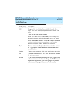 Page 21DEFINITY System’s Little Instruction Book
for advanced administration  555-233-757  Issue 1
April 2000
Managing trunks 
3 Understanding trunks 
ISDN Integrated Services Digital Network (ISDN) trunks allow 
voice, data, video, and signaling information to be sent with 
calls.
There are two types of ISDN trunks:
ISDN-Basic Rate Interface (ISDN-BRI) connect telephones, 
personal computers, and other desktop devices to the switch. 
ISDN-Primary Rate Interface (ISDN-PRI) connect equipment 
such as switches to...