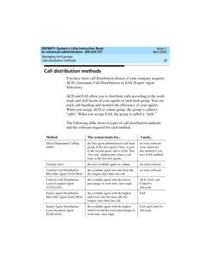 Page 53DEFINITY System’s Little Instruction Book
for advanced administration  555-233-757  Issue 1
April 2000
Managing hunt groups 
35 Call distribution methods 
Call distribution methods
You have more call distribution choices if your company acquires 
ACD (Automatic Call Distribution) or EAS (Expert Agent 
Selection).
ACD and EAS allow you to distribute calls according to the work 
loads and skill levels of your agents in each hunt group. You can 
track call handling and monitor the efficiency of your agents....