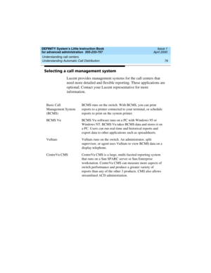 Page 97DEFINITY System’s Little Instruction Book
for advanced administration  555-233-757  Issue 1
April 2000
Understanding call centers 
79 Understanding Automatic Call Distribution 
Selecting a call management system
Lucent provides management systems for the call centers that 
need more detailed and flexible reporting. These applications are 
optional. Contact your Lucent representative for more 
information.
Basic Call 
Management System 
(BCMS)BCMS runs on the switch. With BCMS, you can print 
reports to a...