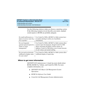 Page 99DEFINITY System’s Little Instruction Book
for advanced administration  555-233-757  Issue 1
April 2000
Understanding call centers 
81 Understanding Automatic Call Distribution 
Use the following criteria to help you choose a reporting system. 
If the following scenarios do not describe your needs, standard 
switch reports or BCMS are probably adequate.
Where to get more information
DEFINITY ECS Administrator’s Guide has more details about 
BCMS, BCMS Vu, VuStats, and CentreVu CMS. For more 
complete...