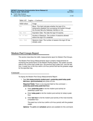 Page 146DEFINITY Enterprise Communication Server Release 8.2
Reports Guide  555-233-505  Issue 1
April 2000
Traffic Data Analysis 
3-104 Modem Pool Groups Report 
3
Modem Pool Groups Report
This sec tion d esc rib es the traffic  measurements rep ort for Mod em Pool Group s.
The Modem Pool Group  Measurements rep ort c ontains measurements for 
monitoring  the p erformanc e of the Mod em Pooling  feature. The system rec ord s 
d ata for the c urrent d ay’s peak hour, the p revious d ay’s p eak hour, and  the...