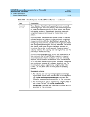 Page 181DEFINITY Enterprise Communication Server Release 8.2
Reports Guide  555-233-505  Issue 1
April 2000
Traffic Data Analysis 
3-139 System Status Reports 
3
TRAFFIC 
STATUSView1 d isp lays the c all handling  status for trunk, hunt, and  
attend ant g roup s; View2 only d isp lays the c all hand ling  status 
for trunk and  attend ant g roup s. For trunk g roup s, the rep orts 
ind ic ate the numb er of queued  c alls d uring  the p reviously 
c omp leted  measurement interval for the id entified  trunk...