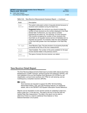 Page 185DEFINITY Enterprise Communication Server Release 8.2
Reports Guide  555-233-505  Issue 1
April 2000
Traffic Data Analysis 
3-143 Tone Receiver Detail Report 
3
Tone Receiver Detail Report
The Tone Rec eiver Measurements Detail rep ort p rovid es traffic  d ata for Dual Tone 
Multifrequency (DTMF) receivers, general purpose tone detectors (GPTDs), and 
Call Classifiers (CCs) as Call Prog ress Tone Rec eivers (CC-CPTRs) for c all 
c lassific ation, as touc h-tone rec eivers (CC-TTRs) for c all vec toring ,...