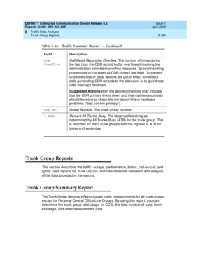 Page 196DEFINITY Enterprise Communication Server Release 8.2
Reports Guide  555-233-505  Issue 1
April 2000
Traffic Data Analysis 
3-154 Trunk Group Reports 
3
Trunk Group Reports
This sec tion d esc rib es the traffic , outag e, p erformanc e, status, c all-b y-c all, and  
lig htly used  rep orts for Trunk Group s, and  d esc rib es the valid ation and  analysis 
of the d ata p rovid ed  in the rep orts.
Trunk Group Summary Report
The Trunk Group  Summary Rep ort g ives traffic  measurements for all trunk g...