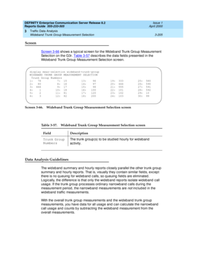 Page 247DEFINITY Enterprise Communication Server Release 8.2
Reports Guide  555-233-505  Issue 1
April 2000
Traffic Data Analysis 
3-205 Wideband Trunk Group Measurement Selection 
3
Screen
Screen 3-66 shows a typ ic al sc reen for the Wid eb and  Trunk Group  Measurement 
Selec tion on the G3r. Table 3-57
 d esc rib es the d ata field s p resented  in the 
Wid eband  Trunk Group Measurement Selec tion sc reen.
Screen 3-66. Wideband Trunk Group Measurement Selection screen
Data Analysis Guidelines
The wid eb and...