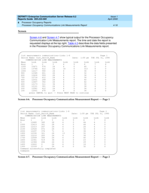 Page 266DEFINITY Enterprise Communication Server Release 8.2
Reports Guide  555-233-505  Issue 1
April 2000
Processor Occupancy Reports 
4-16 Processor Occupancy Communications Link Measurements Report 
4
Screen
Screen 4-6 and Screen 4-7 show typ ic al outp ut for the Proc essor Oc c up anc y 
Communic ation Link Measurements rep ort. The time and  d ate the rep ort is 
requested displays at the top right. Table 4-3
 d esc rib es the data fields p resented  
in the Proc essor Oc c up anc y Communic ations Link...