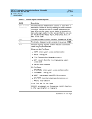 Page 294DEFINITY Enterprise Communication Server Release 8.2
Reports Guide  555-233-505  Issue 1
April 2000
History Reports 
6-4 History Report 
6
Table 6-1. History report field descriptions 
Field Description
Date of Loaded 
TranslationThe time and  d ate the translation is saved  on tap e. When a 
translation is saved on tap e, b y entering  the save translation 
c ommand , the time and  d ate of the save is log g ed  on the 
tape. Whenever the system is c old started  or reb ooted , the 
transac tion log is...