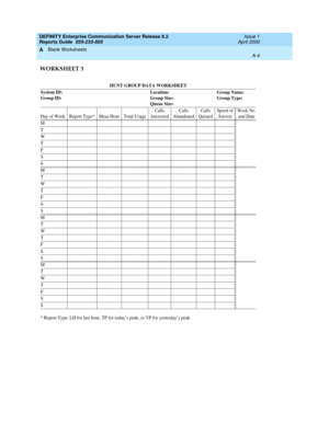 Page 302DEFINITY Enterprise Communication Server Release 8.2
Reports Guide  555-233-505  Issue 1
April 2000
Blank Worksheets 
A-4  
A
WORKSHEET 3
HUNT GROUP DATA WORKSHEET
_ _____________________________________________________________________________________________
System ID:  Location:  Group Name:
Group ID:  Group Size:  Group Type:
Queue Size:
_ _____________________________________________________________________________________________
Calls Calls Calls Speed of Week No.
Day of Week Report Type* Meas Hour...