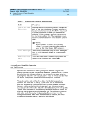 Page 33DEFINITY Enterprise Communication Server Release 8.2
Reports Guide  555-233-505  Issue 1
April 2000
System Printer and Report-Scheduler 
2-3 System Printer 
2
System Printer Data Link Operation
and Maintenance
Operation and  maintenanc e of the system p rinter d ata link is sig nific antly 
d ifferent from the CDR and  journal p rinter d ata links. For example, the CDR and  
journal p rinter d ata links are maintained  in a c onstant link up  state, while the 
system p rinter d ata link is only b roug ht...