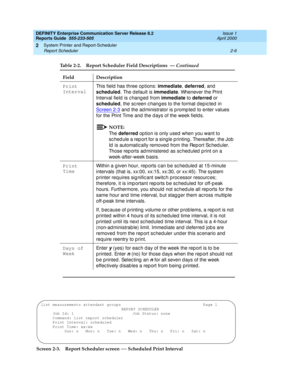 Page 36DEFINITY Enterprise Communication Server Release 8.2
Reports Guide  555-233-505  Issue 1
April 2000
System Printer and Report-Scheduler 
2-6 Report Scheduler 
2
Screen 2-3. Report Scheduler screen — Scheduled Print Interval  Print 
IntervalThis field  has three options: immediate
, deferred
, and  
scheduled
. The default is immediate
. 
Whenever the Print 
Interval field  is c hang ed  from immediate
 to deferred
 or 
scheduled
, the sc reen c hang es to the format d ep ic ted  in 
Screen 2-3
 and  the...