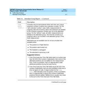 Page 49DEFINITY Enterprise Communication Server Release 8.2
Reports Guide  555-233-505  Issue 1
April 2000
Traffic Data Analysis 
3-7 Attendant Group Report 
3
Time 
Avail 
(cont.)Consoles may b e administered  either with their own uniq ue 
extension numb er or without any extension numb er. For the 
“ with extension numb er”  c ase, traffic  measurements for 
outg oing  c alls and  inc oming  c alls to the extension are allotted  
to the c onsole’s extension numb er and  not to the attend ant 
g roup . For...