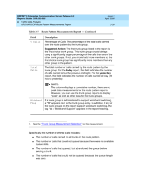 Page 81DEFINITY Enterprise Communication Server Release 8.2
Reports Guide  555-233-505  Issue 1
April 2000
Traffic Data Analysis 
3-39 ARS/AAR/UDP Route Pattern Measurements Report 
3
Sp ec ific ally the numb er of offered  c alls inc lud es:
nThe numb er of c alls c arried  on all trunks in the route p attern.
nThe numb er of c alls that c ould  not q ueue b ec ause there were no availab le 
q ueue slots.
nThe numb er of c alls that q ueued , b ut ab and oned the queue b efore 
seizing  a trunk.
nThe numb er...