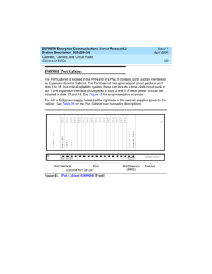 Page 111DEFINITY Enterprise Communications Server Release 8.2
System Description  555-233-200  Issue 1
April 2000
Cabinets, Carriers, and Circuit Packs 
101 Carriers in SCCs 
J58890H  Port Cabinet 
The Port Cabinet is located in the PPN and in EPNs. It contains ports and an interface to 
an Expansion Control Cabinet. The Port Cabinet has optional port circuit packs in port 
slots 1 to 18. In a critical-reliability system, these can include a tone-clock circuit pack in 
slot 1 and expansion interface circuit...