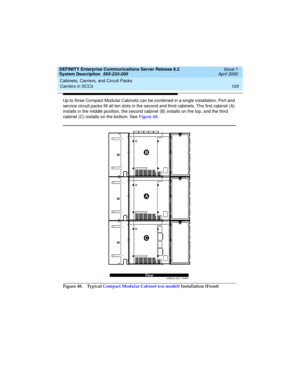 Page 115DEFINITY Enterprise Communications Server Release 8.2
System Description  555-233-200  Issue 1
April 2000
Cabinets, Carriers, and Circuit Packs 
105 Carriers in SCCs 
Up to three Compact Modular Cabinets can be combined in a single installation. Port and 
service circuit packs fill all ten slots in the second and third cabinets. The first cabinet (A) 
installs in the middle position, the second cabinet (B) installs on the top, and the third 
cabinet (C) installs on the bottom. See Figure 48. 
Figure 48....