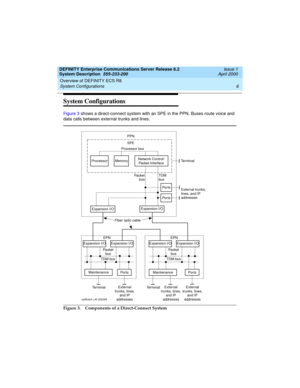 Page 16Overview of DEFINITY ECS R8 
6 System Configurations 
DEFINITY Enterprise Communications Server Release 8.2
System Description  555-233-200  Issue 1
April 2000
System Configurations
Figure 3 shows a direct-connect system with an SPE in the PPN. Buses route voice and 
data calls between external trunks and lines.
Figure 3. Components of a Direct-Connect System
PPN
Processor busSPE
Processor Memory
Po r ts
Po r ts
Po r ts Po r ts Expansion I/O
Expansion I/O Expansion I/O Expansion I/O Expansion I/OFiber...