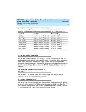 Page 158Cabinets, Carriers, and Circuit Packs 
148 Circuit Packs and Related Hardware 
DEFINITY Enterprise Communications Server Release 8.2
System Description  555-233-200  Issue 1
April 2000
The TN746B is compatible with the terminal configurations shown in the table below.
TN747B  Central Office Trunk
The TN747B has 8 ports for loop-start or ground-start CO, foreign exchange (FX), and 
wide area telecommunications service (WATS) trunks. Each port has tip and ring signal 
leads. A port can connect to a PagePac...