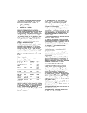 Page 3This equipment returns answer-supervision signals on 
all DID calls forwarded back to the public switched 
telephone network. Permissible exceptions are: 
• A call is unanswered.
• A busy tone is received.
• A reorder tone is received.
Lucent Technologies attests that this registered 
equipment is capable of providing users access to 
interstate providers of operator services through the use 
of access codes. Modification of this equipment by call 
aggregators to block access dialing codes is a violation...