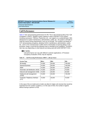 Page 204Technical Specifications 
194 Call Performance 
DEFINITY Enterprise Communications Server Release 8.2
System Description  555-233-200  Issue 1
April 2000
Call Performance
Table 47 lists call processing performance for R8. This is also termed as Busy Hour Call 
Completion or BHCC. Realistic system capacity is what a DEFINITY ECS system, 
including a processor, TDM bus, Packet bus, etc., can support on a sustained basis. With 
allowances for system maintenance, administration, audits, etc., the system is...