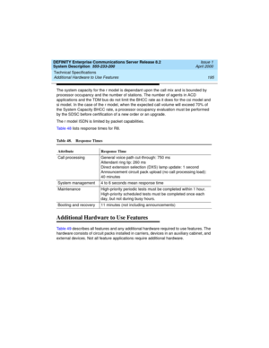 Page 205DEFINITY Enterprise Communications Server Release 8.2
System Description  555-233-200  Issue 1
April 2000
Technical Specifications 
195 Additional Hardware to Use Features 
The system capacity for the r model is dependant upon the call mix and is bounded by 
processor occupancy and the number of stations. The number of agents in ACD 
applications and the TDM bus do not limit the BHCC rate as it does for the csi model and 
si model. In the case of the r model, when the expected call volume will exceed 70%...