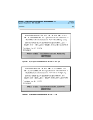 Page 302 
292 Overview 
DEFINITY Enterprise Communications Server Release 8.2
System Description  555-233-200  Issue 1
April 2000
Figure 52. Type-approval label for Lucent DEFINITY ProLogix
Figure 53. Type-approval label for Lucent DEFINITY G3r 