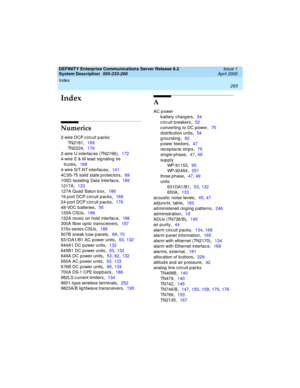 Page 303DEFINITY Enterprise Communications Server Release 8.2
System Description  
555-233-200  Issue 1
April 2000
Index 
293  
INIndex
Numerics
2-wire DCP circuit p acks
TN2181
,169
TN2224
,176
2-wire U-interfac es (TN2198)
,172
4-wire E & M lead  sig naling  tie 
trunks
,168
4-wire S/T-NT interfaces
,141
4C3S-75 solid state p rotec tors
,69
105D Isolating  Data Interfac e
,185
1217A
,133
127A Quad  Balun b ox
,186
16-p ort DCP c irc uit p ac ks
,169
24-p ort DCP c irc uit p ac ks
,176
48-VDC b atteries
,55...