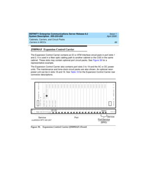 Page 99DEFINITY Enterprise Communications Server Release 8.2
System Description  555-233-200  Issue 1
April 2000
Cabinets, Carriers, and Circuit Packs 
89 Carriers in MCCs 
J58890AF  Expansion Control Carrier
The Expansion Control Carrier contains an EI or ATM Interface circuit pack in port slots 1 
and 2. It is used in a fiber optic cabling path to another cabinet or the CSS in the same 
cabinet. These slots may contain optional port circuit packs. See Figure 38 for a 
representative example.
The Expansion...
