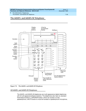 Page 143DEFINITY Enterprise Communications Server and System 75 and System 85
Terminals and Adjuncts Reference
555-015-201Issue 11
December 1999
The 6400 Series Telephones
7-39 The 6424D+ and 6424D+M Telephone
7
The 6424D+ and 6424D+M Telephone
Figure 7-9. The 6424D+ and 6424D+M Telephone
All 6424D+ and 6424D+M Telephones
The 6424D+ and 6424D+M telephones are multi-appearance digital telephones
with 24 call appearance/feature buttons. The telephones also have six standard
fixed feature buttons: a SPEAKER button,...