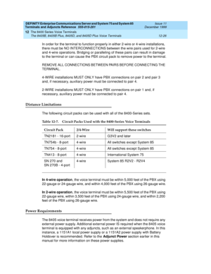 Page 354DEFINITY Enterprise Communications Server and System 75 and System 85
Terminals and Adjuncts Reference
555-015-201Issue 11
December 1999
The 8400 Series Voice Terminals
12-26 The 8405B, 8405B Plus, 8405D, and 8405D Plus Voice Terminals
12
In order for the terminal to function properly in either 2-wire or 4-wire installations,
there must be NO INTERCONNECTIONS between the wire pairs used for 2-wire
and 4-wire operations. Bridging or paralleling of these pairs can result in damage
to the terminal or can...